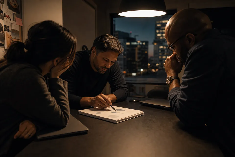 An agency team around a table reviewing a printed client report under a pendant lamp