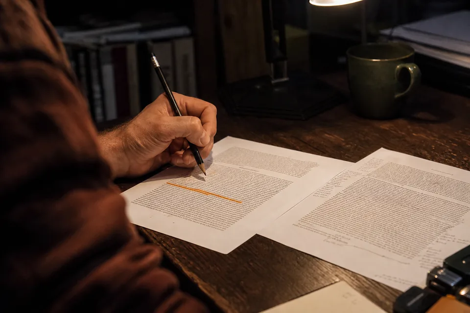 A printed article page with one passage highlighted beside a lamp, an editor's hand holding a pencil