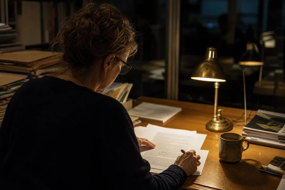 An editor at a cluttered desk late in the evening, lamp lit, a printed article draft under her pen
