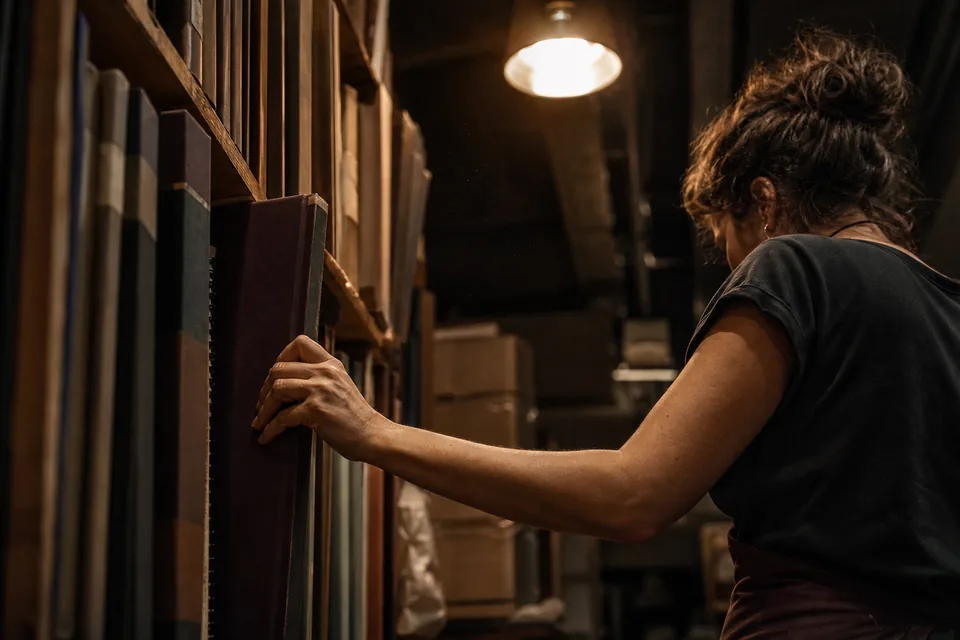 A publisher pulling an issue from a shelf of bound magazines in a dim archive room