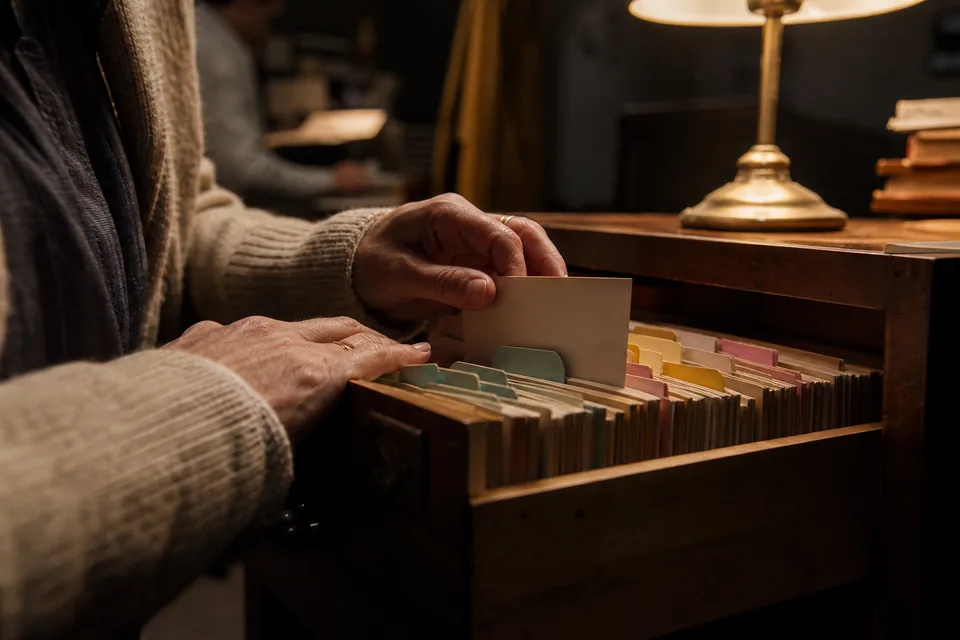 An editor's hands sorting index cards by topic in a wooden card drawer under a desk lamp